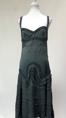 Nicola Finetti, Grey Beaded Ruffle Hem Strap Silk Flare Hem  Dress, Size 10