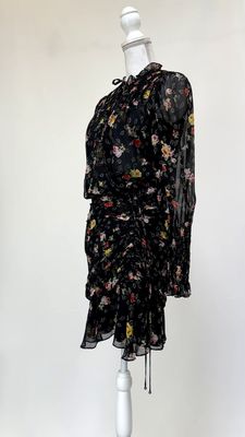 Veronica Beard, Black/Red/Yellow/Multi Floral Print Asymmetrical Shirred Side Drape L/Slv  Silk Dress, Size 0