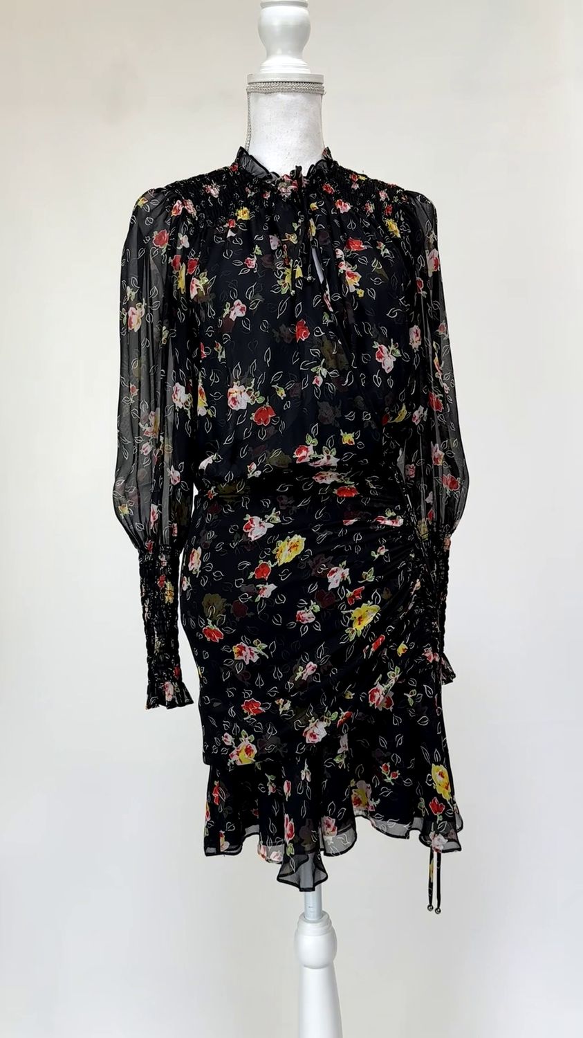 Veronica Beard, Black/Red/Yellow/Multi Floral Print Asymmetrical Shirred Side Drape L/Slv  Silk Dress, Size 0