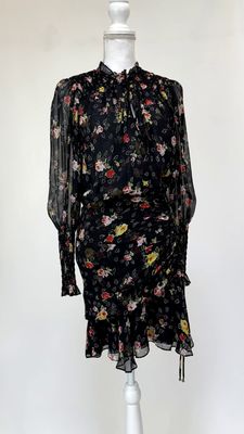 Veronica Beard, Black/Red/Yellow/Multi Floral Print Asymmetrical Shirred Side Drape L/Slv  Silk Dress, Size 0