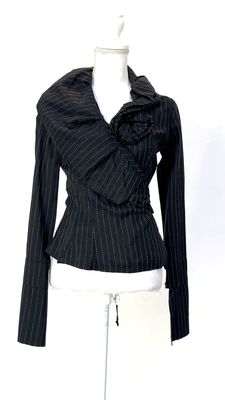 Dextee, Black/White Topstitch Wrap Rosette Applique Tie Waist Shawl Jacket, Size 42