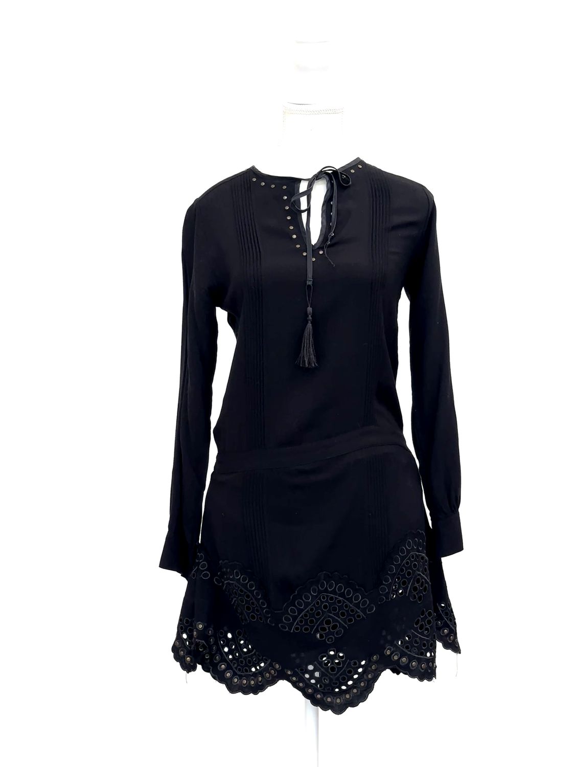 Flannel, Black/Bronze Metal Embellished Tie-Neck Broderie Anglaise Scallop Hem L/Slv  Dress, Size 0