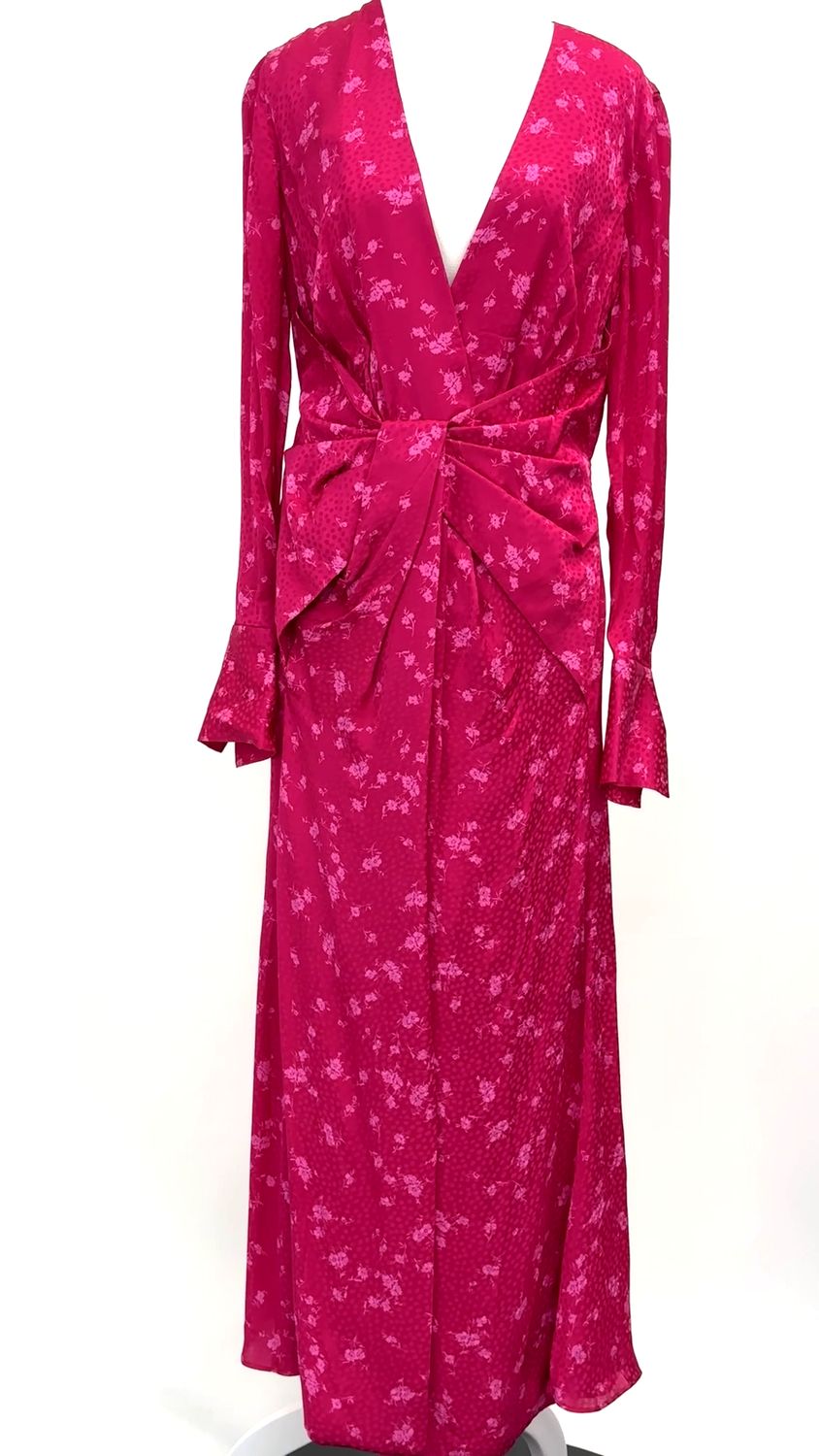 Acler, Cerise Pink Wrap Pleat L/Slv Long Dress, Size US6/UK10