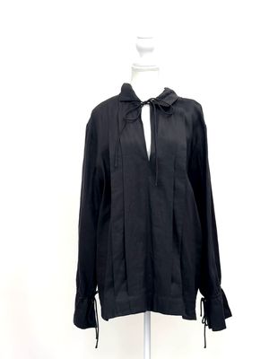 SIR., Black Pleat Tie Neck + Cuff L/Lsv Linen Tunic Shirt, Size 1