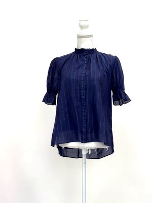 Alessandra, Navy/Gold Lurex Stripe Button-Up Puff 1/2 Slv Shirt W/Shirred Neck, Size S