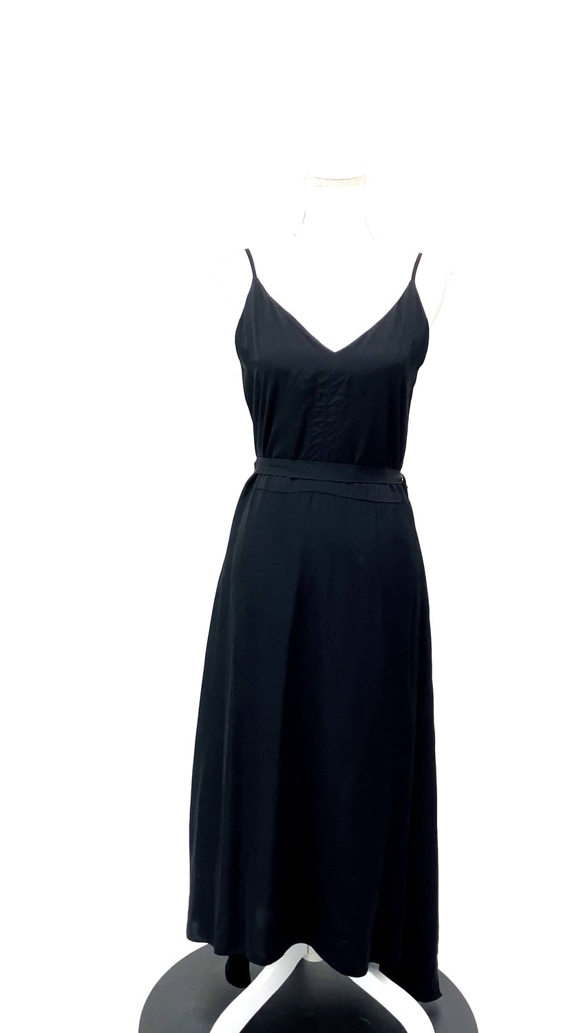 Scanlan Theodore, Black V-Neck Adj.Strap Flare Midi Hem Viscose Dress W/Tie Belt, Size 8