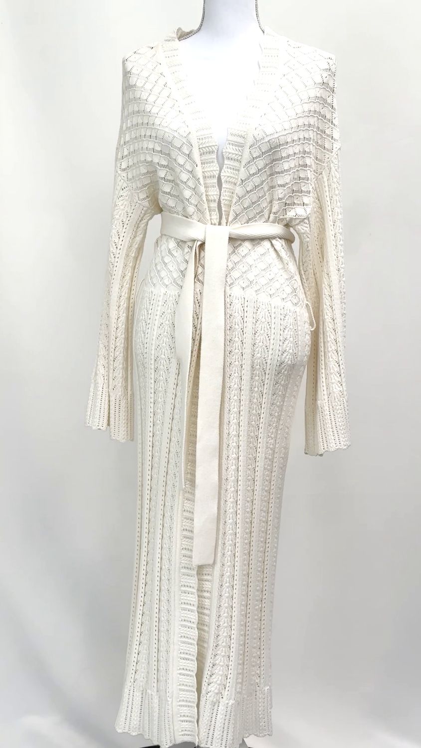 Arnhem, Cream  Cochet Knit L/Lsv Long Cardigan W/Tie Belt, Size XL