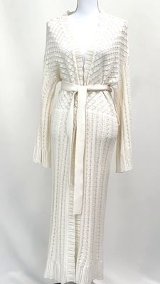 Arnhem, Cream  Cochet Knit L/Lsv Long Cardigan W/Tie Belt, Size XL