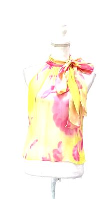George, Yellow/Pink Print Halter Pussy Bow Tie Neckline S/Less Silk  Top, Size 8