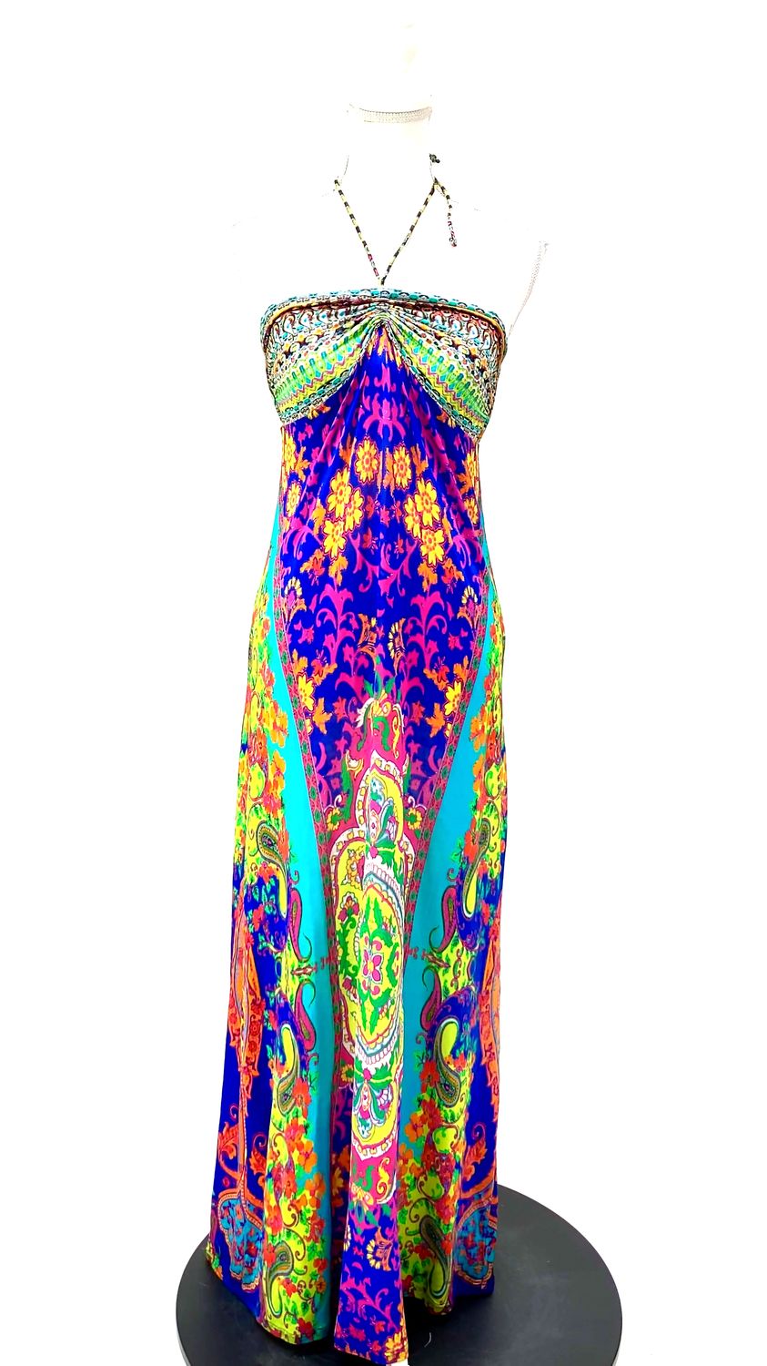 Camilla, Purple/Aqua/Milti Print Ruched Bust Halter Tie-Neck Long Dress, Size 1