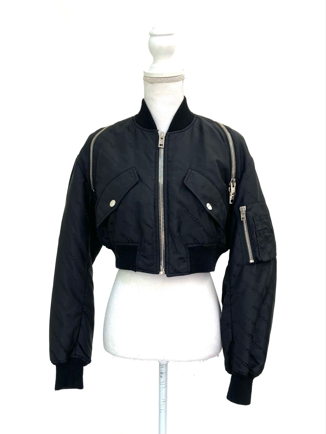 Alexander Wang, Black/Silver Zip Detail Self Logo All-Over Print Crop Bomber  Jacket .Size XS