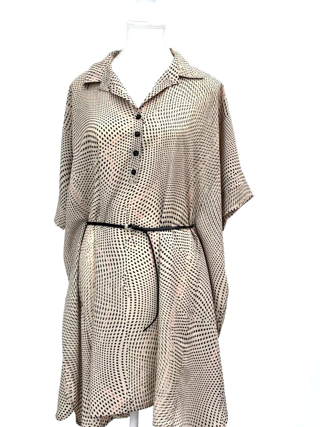 la fee Maraboutee, Beige/Black/Pink Collared Button Kaftan S/Slv Dress W/Belt, Size 38
