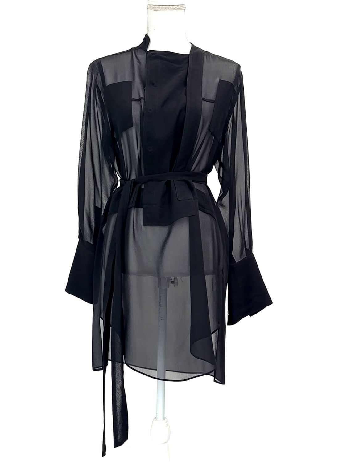 AG Arthur Galan, Black Inset Snapstud Button-Neck Silk L/Slv Tunic/ Dress W/Tie Belt, Size 6