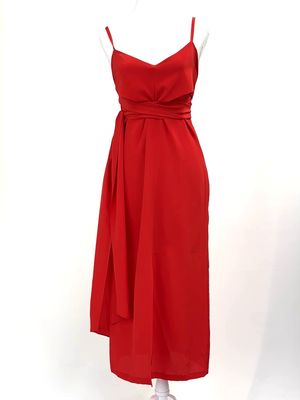 sass &amp; bide, Red Wrap-Around Tie Bust Adj.Strap Silk Midi Dress W/Front Slit, Size 6
