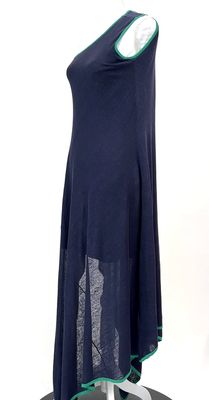 Scanlan Theodore, Navy/Green Trim Asymmetrical Kaftan Slv Linen Dress, Size S/M