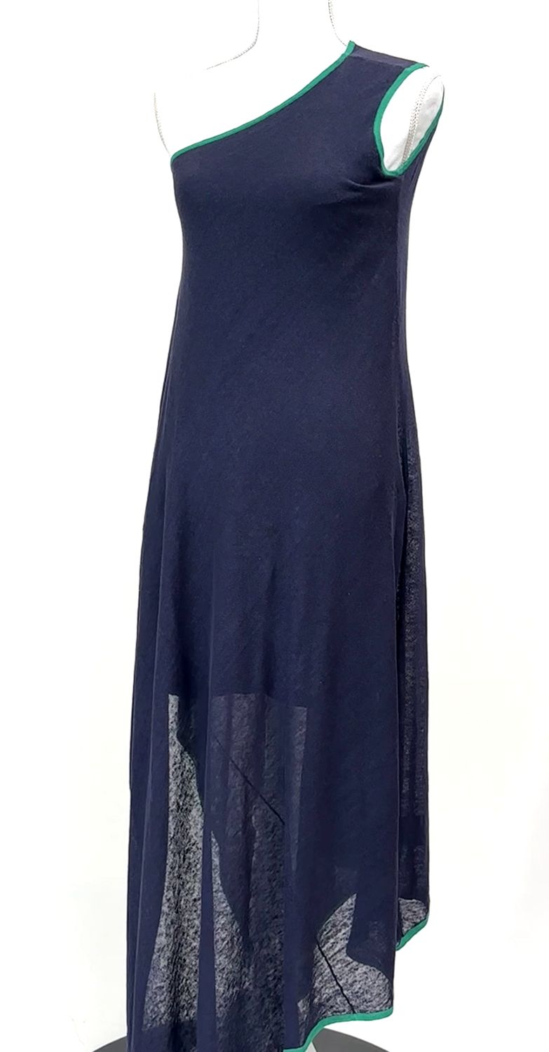 Scanlan Theodore, Navy/Green Trim Asymmetrical Kaftan Slv Linen Dress, Size S/M