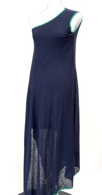 Scanlan Theodore, Navy/Green Trim Asymmetrical Kaftan Slv Linen Dress, Size S/M