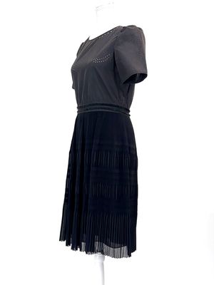 Willow, Black Laser Cut Patterned Tassel Waist Micropleat S/Slv Dress, Size 10