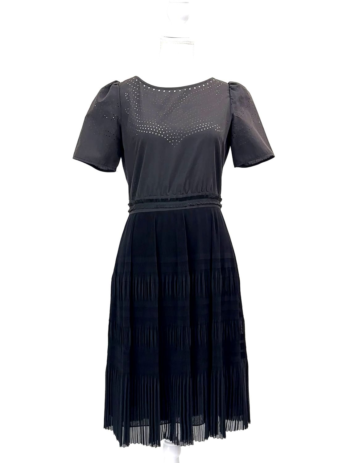 Willow, Black Laser Cut Patterned Tassel Waist Micropleat S/Slv Dress, Size 10