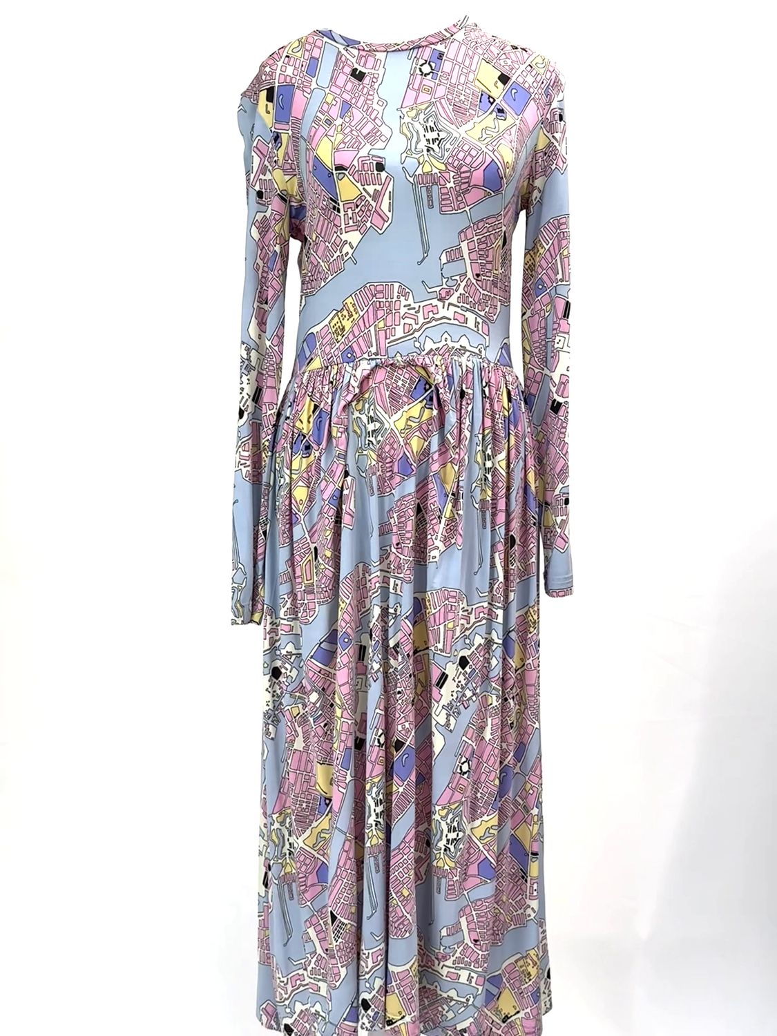 Stine Goya, Pink/Yellow/Blue Pastels Geometric Print Gather Waist Midi L/Lsv Dress, Size S