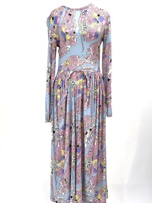Stine Goya, Pink/Yellow/Blue Pastels Geometric Print Gather Waist Midi L/Lsv Dress, Size S