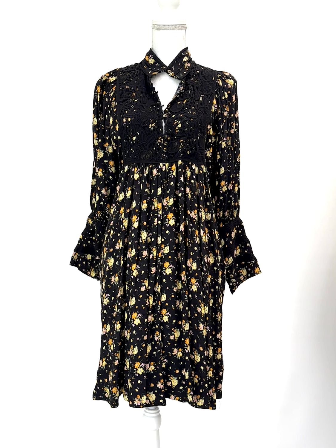 byTimo, Black/Yellow/Orange Floral Print Button-Neck Lace Trims Blouson L/Slv Dress, Size S