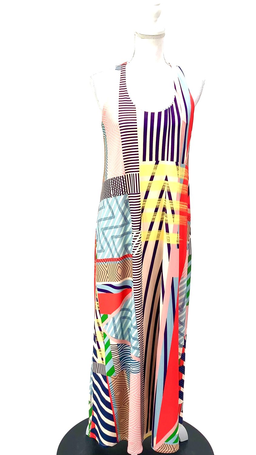Lucidez, Blush/Multi Geometric Print S/Less Long  Dress, Size M/2