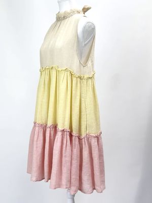 Lisa Marie Fernandez, Yellow/Pink/Gold Lurex Tie-Back Neck Tiered Frill S/Less Linen Dress, Size 2