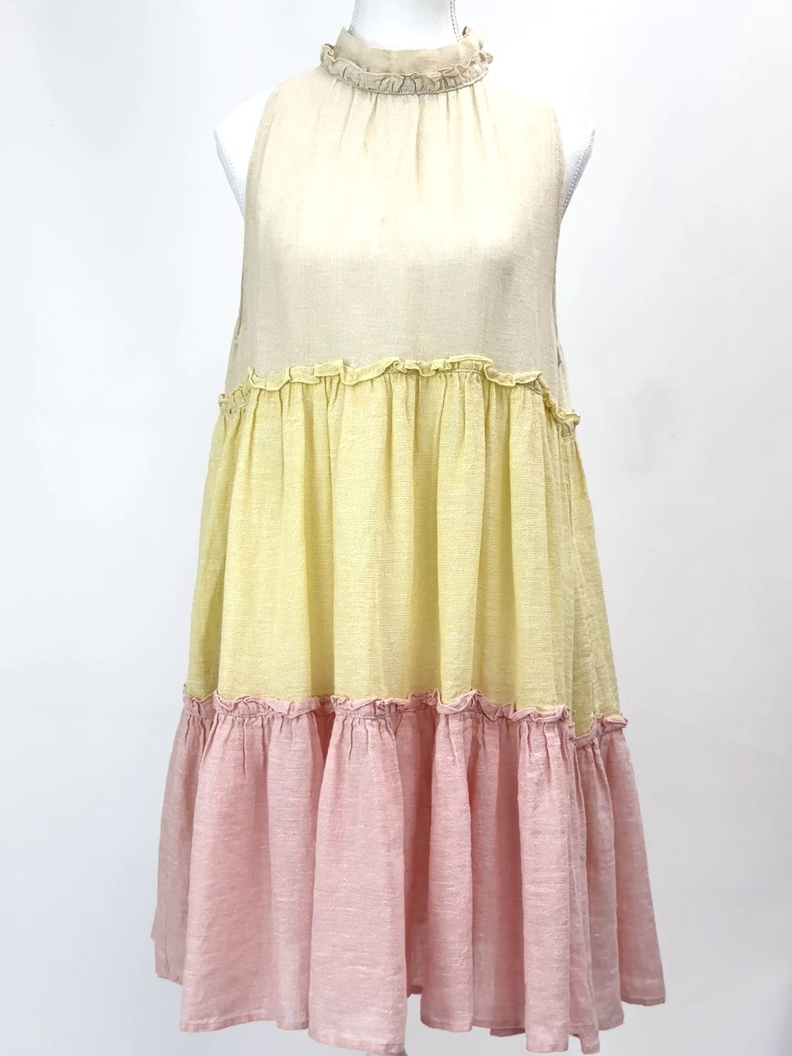 Lisa Marie Fernandez, Yellow/Pink/Gold Lurex Tie-Back Neck Tiered Frill S/Less Linen Dress, Size 2