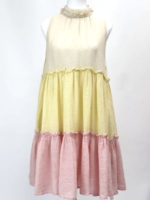 Lisa Marie Fernandez, Yellow/Pink/Gold Lurex Tie-Back Neck Tiered Frill S/Less Linen Dress, Size 2
