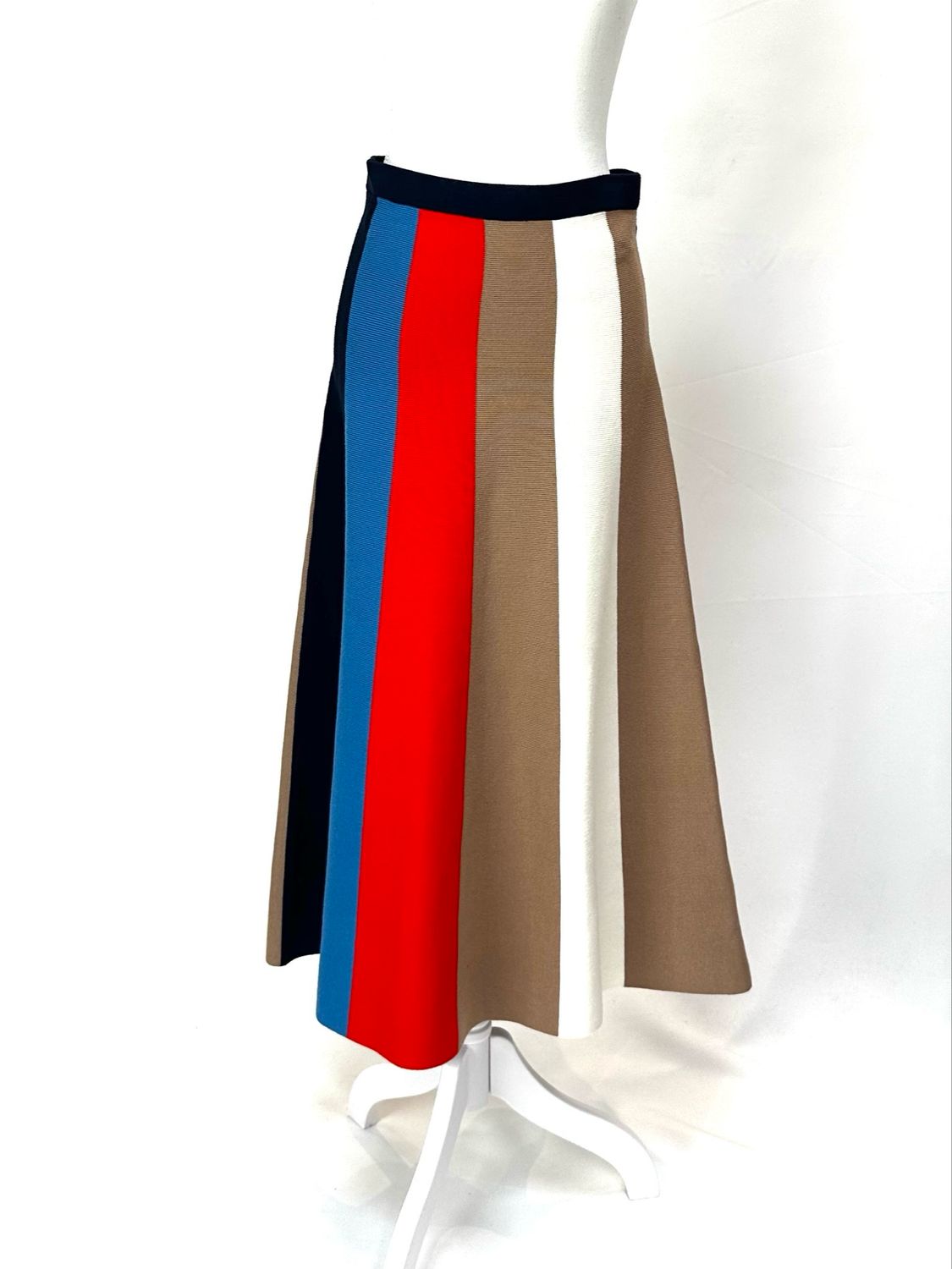 Victoria Victoria Beckham, Navy/Orange/Camel/White Stripe Viscose Knit Midi Skirt. Size M