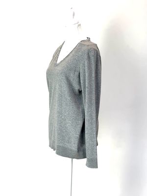 Gran Sasso, Grey Marle/Silver Sequin V-Neckline Wool L/Slv Sweater, Size 46