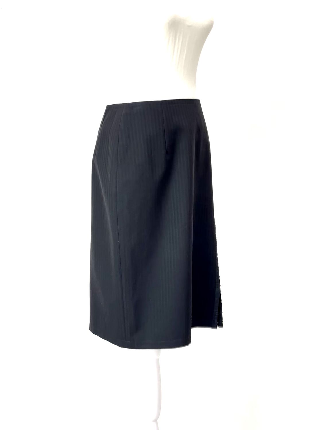 Andrea Moore, Black Self Stripe Hook+Eye Front Slit Wool  Skirt, Size 10