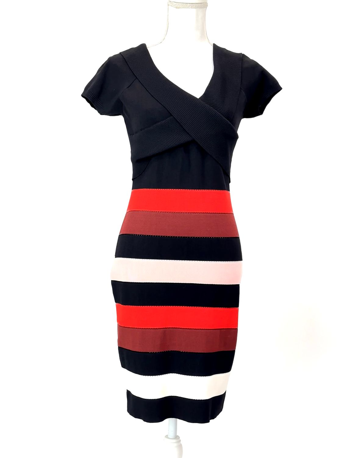 Karen Millen, Black/Red/Pinks Stripe Viscose Crepe Knit S/Slv Dress, Size M