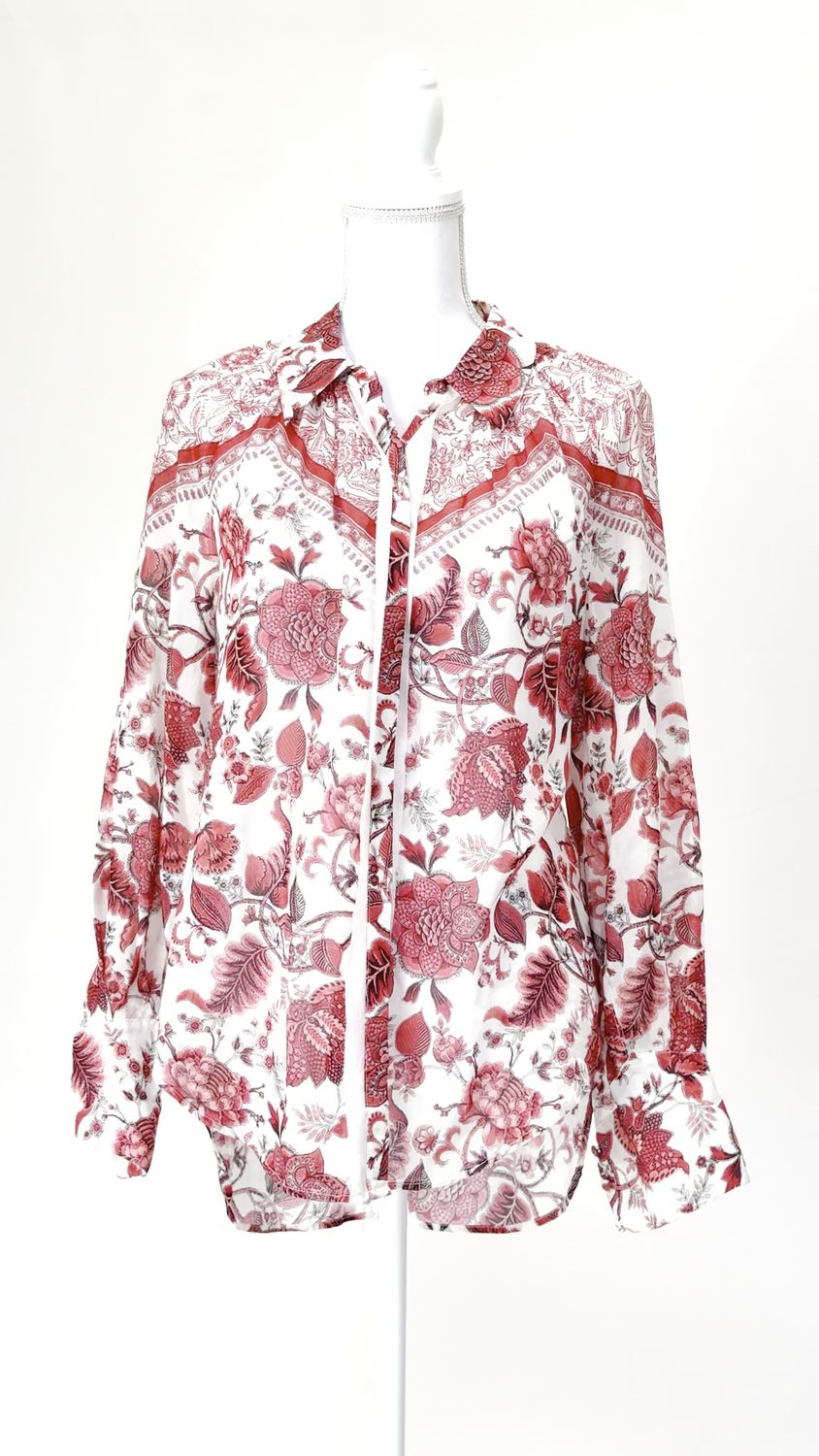 Once Was, White/Red Print Silk Blend Gather Blouson L/Lsv  Blouse, Size 1