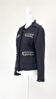 Rebecca Taylor, Black/Silver Stud/Bead/Zip Tweed Fray Trims Zip Front  Jacket, Size US6