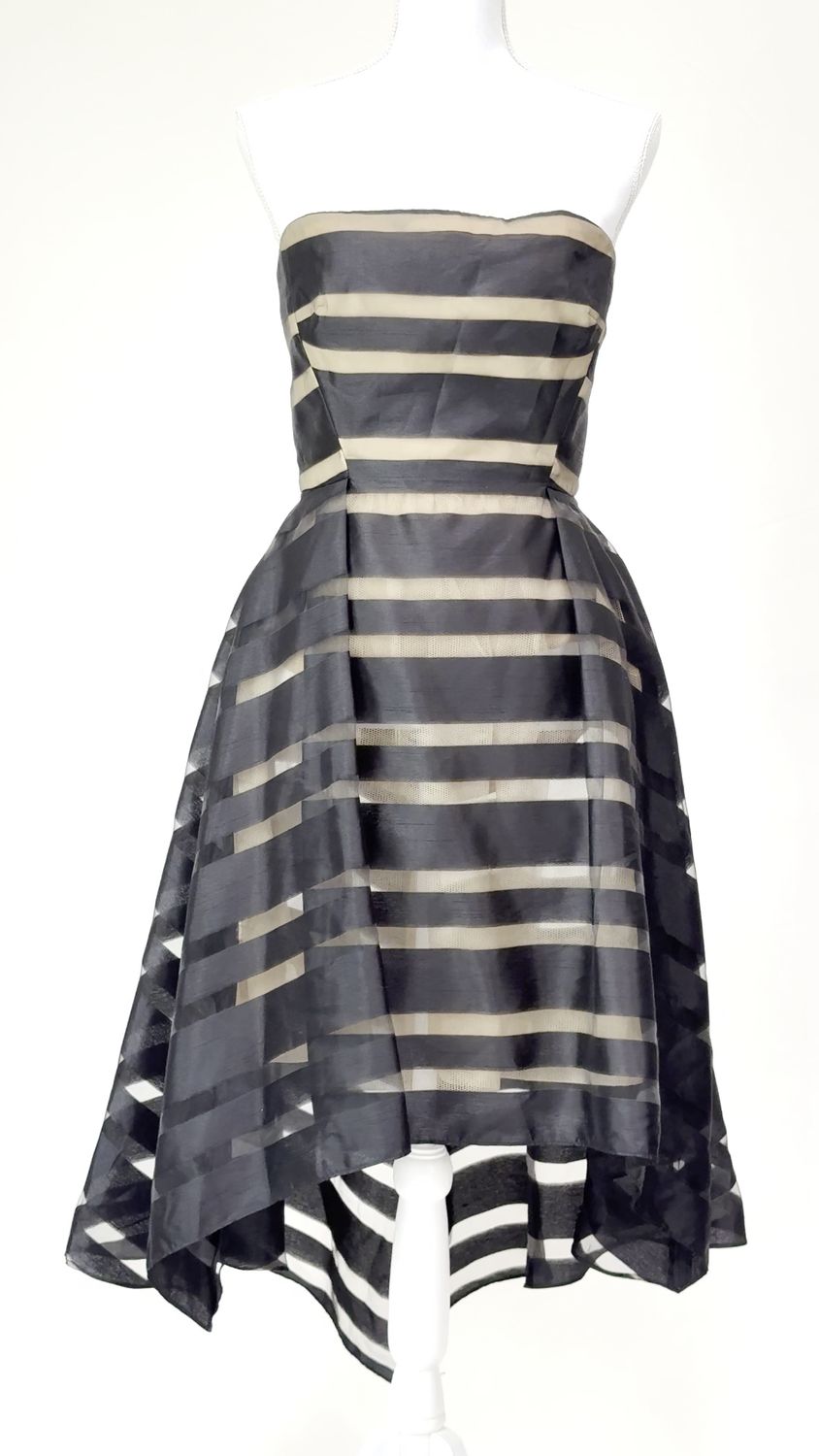 Carla Zampatti, Black/Nude Lined Stripe Waist Pleat Drop Back Hem Strapless Dress, Size 8