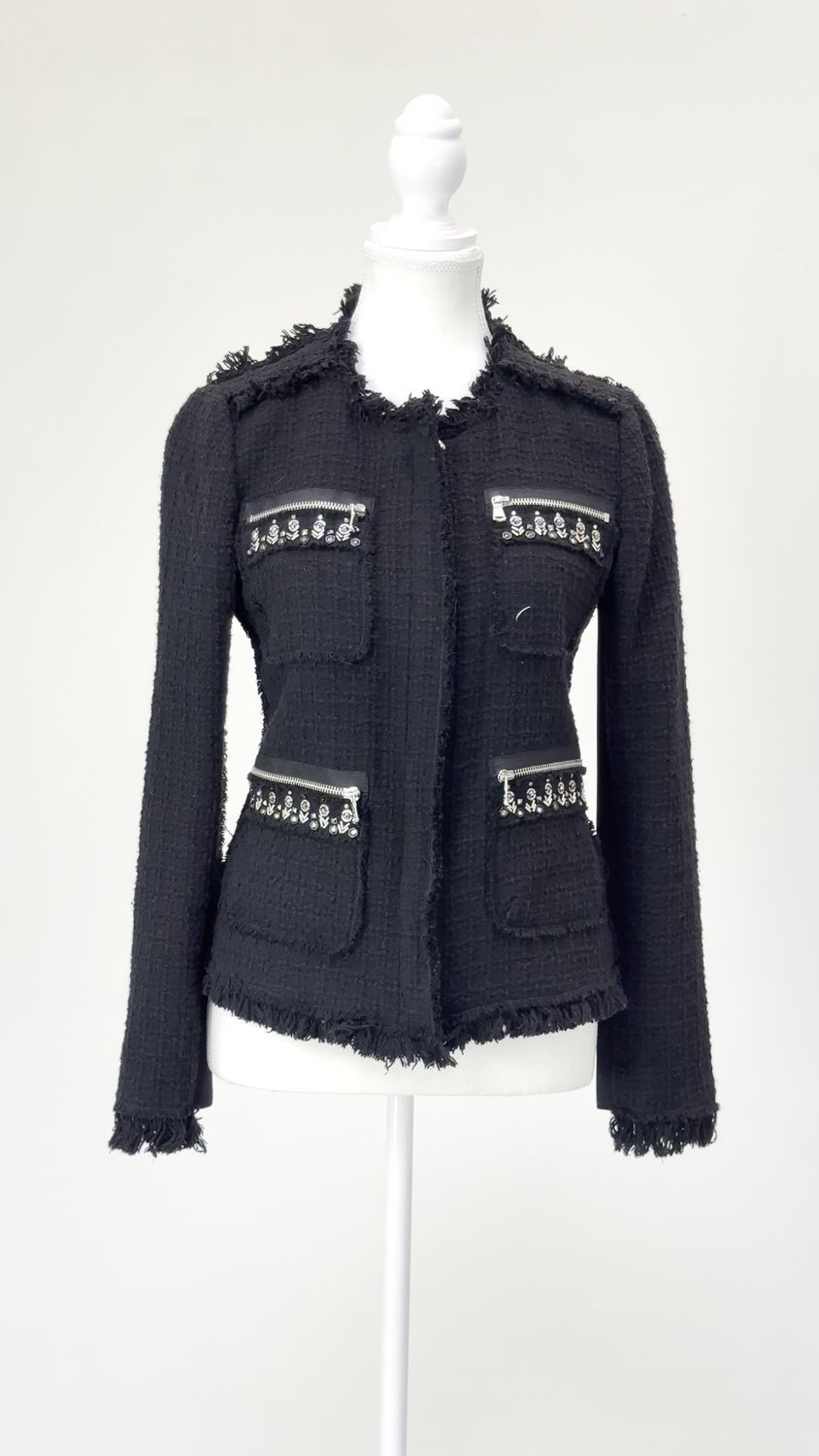 Rebecca Taylor, Black/Silver Stud/Bead/Zip Tweed Fray Trims Zip Front  Jacket, Size US6