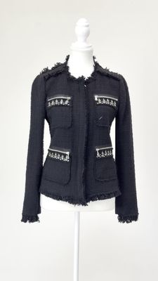 Rebecca Taylor, Black/Silver Stud/Bead/Zip Tweed Fray Trims Zip Front  Jacket, Size US6