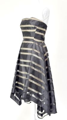 Carla Zampatti, Black/Nude Lined Stripe Waist Pleat Drop Back Hem Strapless Dress, Size 8