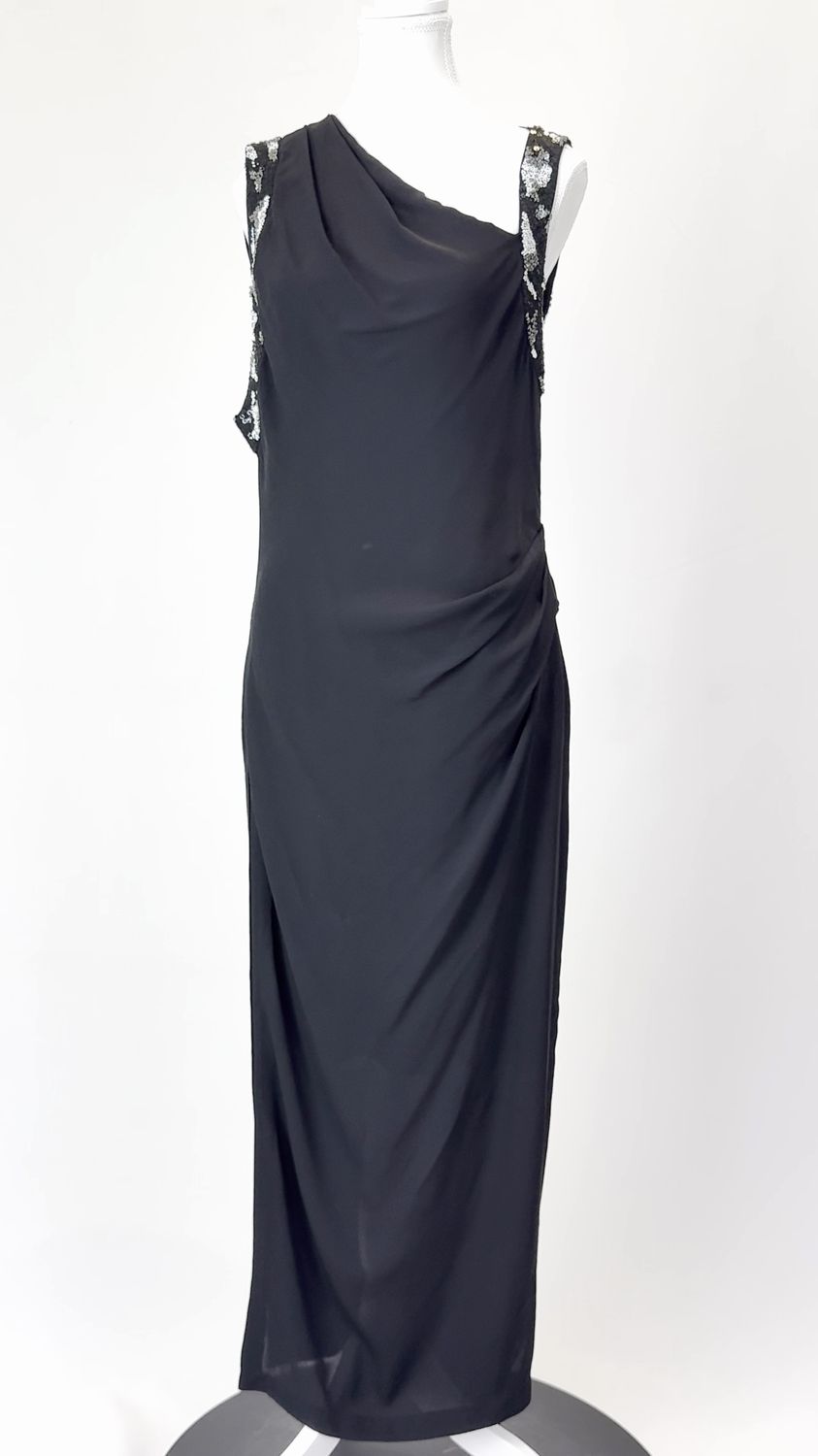 Willow, Black/White/Grey Asymmetrical Pleat Drape Sequin S/Less Armhole Silk Long Dress, Size 10