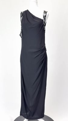 Willow, Black/White/Grey Asymmetrical Pleat Drape Sequin S/Less Armhole Silk Long Dress, Size 10