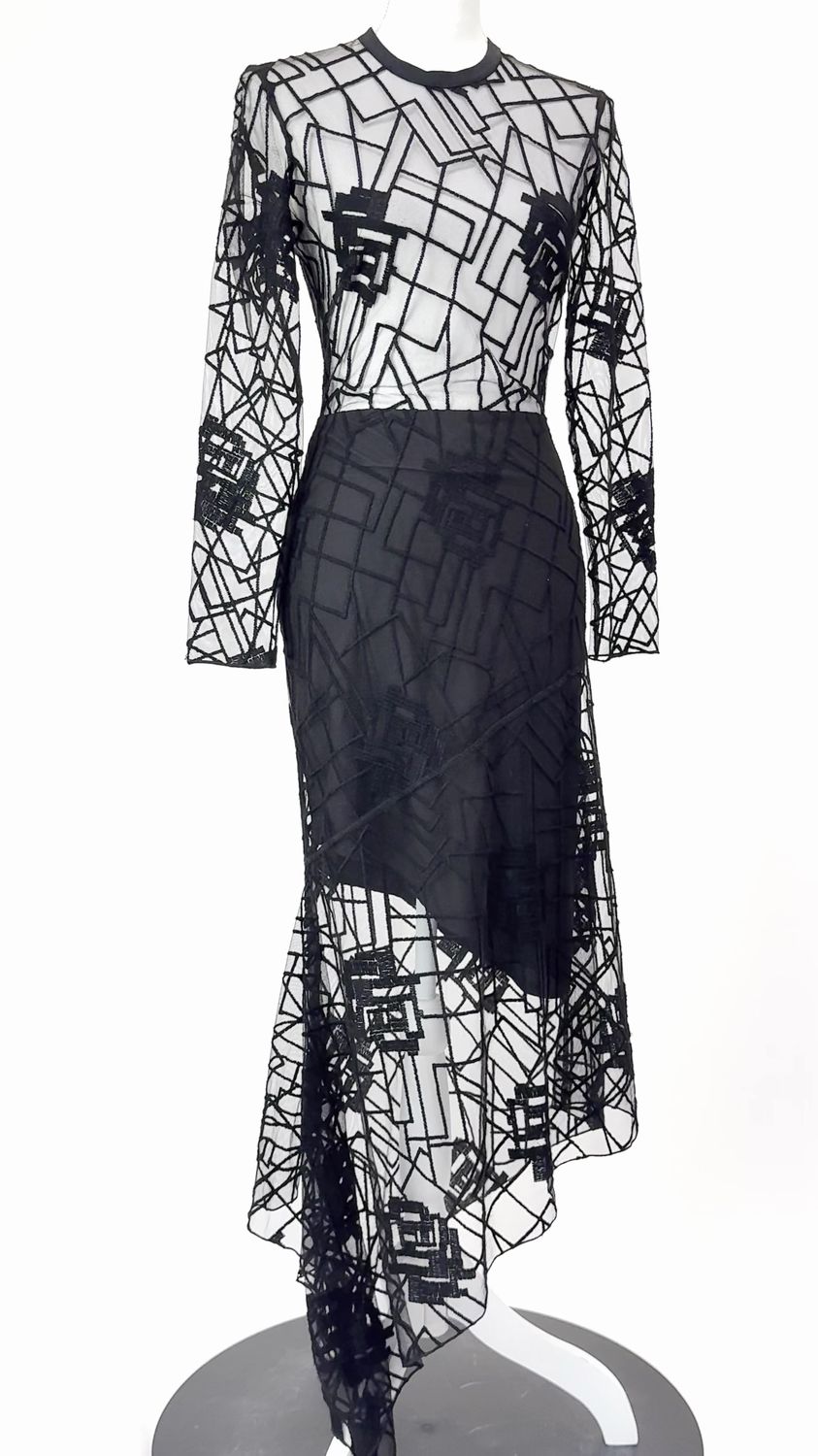 Manning Cartell, Black Mesh Embroidered Patterned Asymmetrical Mid He L/Slv Dress W/Bralette, Size 8