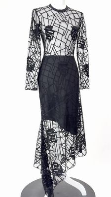 Manning Cartell, Black Mesh Embroidered Patterned Asymmetrical Mid He L/Slv Dress W/Bralette, Size 8