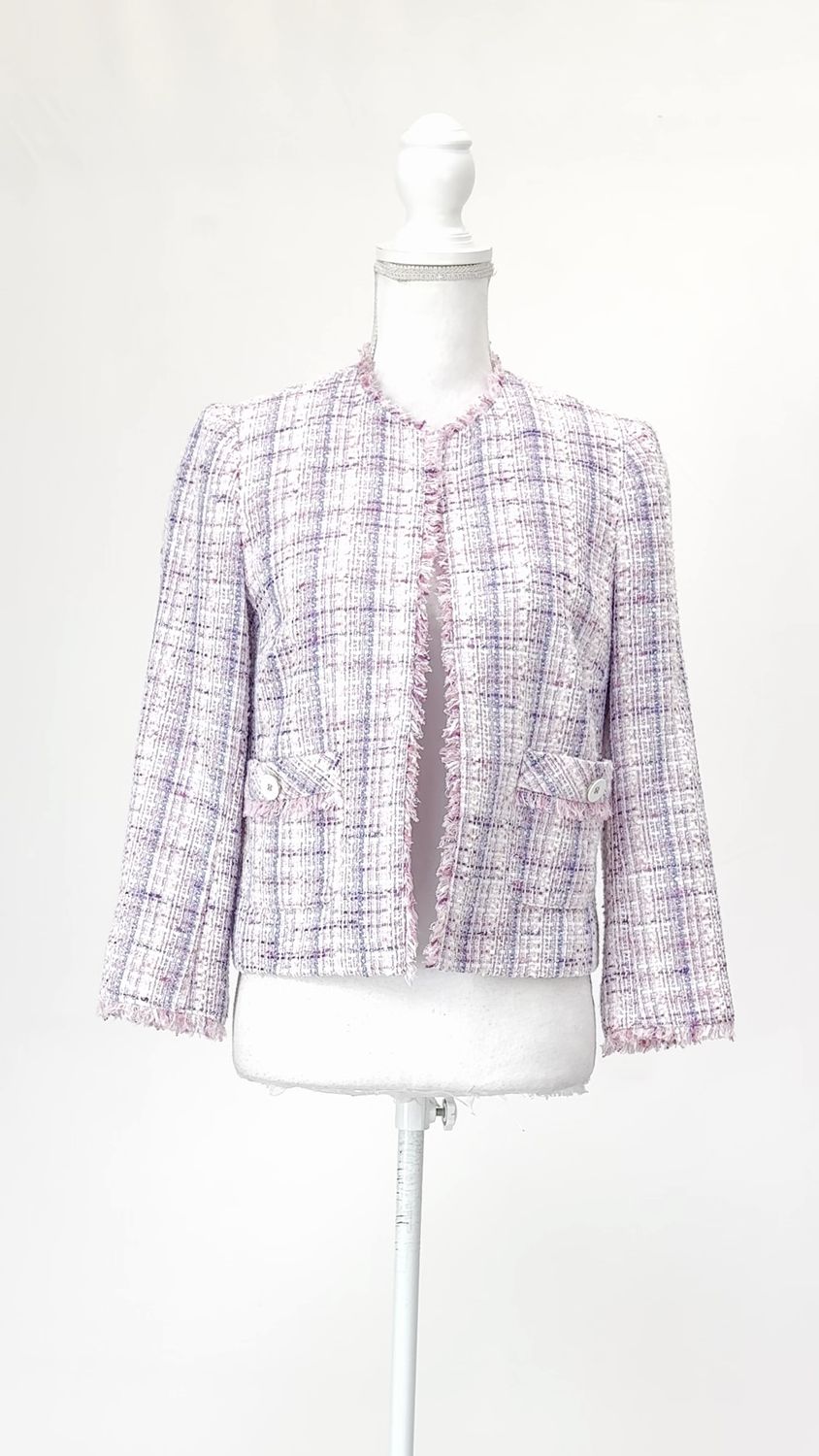 Perri Cutten, Pinks/Purple/Blue Mixed Yarn Tweed Sequin Fray Trims Jacket, Size 8