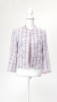 Perri Cutten, Pinks/Purple/Blue Mixed Yarn Tweed Sequin Fray Trims Jacket, Size 8