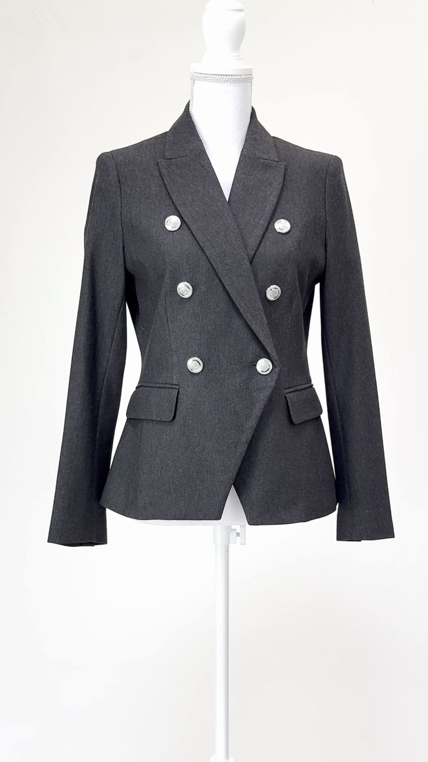 Perri Cutten, Grey/Silver Wrap Embossed Button-Front Flap Pkt Jacket (Has Matching Pants), Size 8