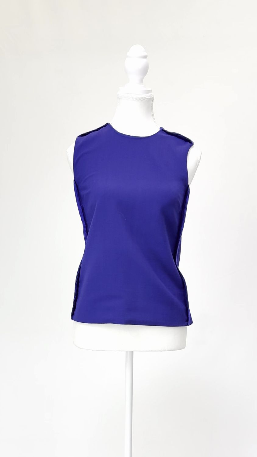 Victoria Victoria Beckham, Blue Satin Binding Trims Wool Blend S/Less Top, Size US0/UK4