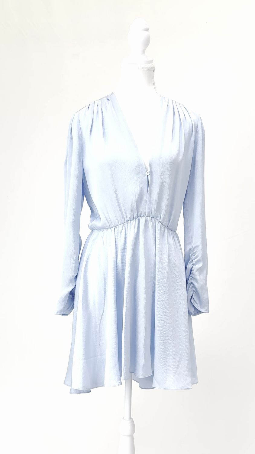 Maje, Light Blue Textured Pleated V- Button Neck L/Slv Full Hem Dress, Size 38