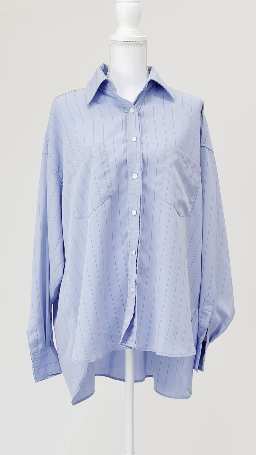 The Frankie Shop, Blue/Black Pinstripe Oversize L/Slv Shirt, Size M/L